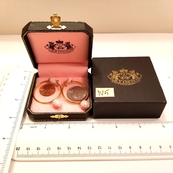 NIB Juicy Couture Pink Enamel Strawberries Crystals & Gold Hoop Earrings RARE - Picture 3 of 11